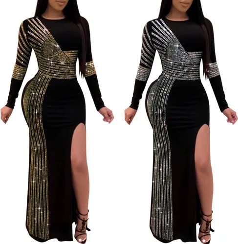 Vista 3 de Vestidos para mujer, sexy, manga larga, con pedrería brillante para cumpleaños, fiestas, clubes y eventos nocturnos