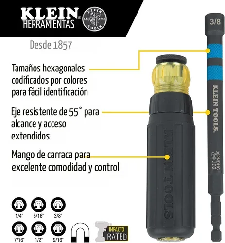 Vista 2 de Klein Tools 80182 Juego de llaves de tuerca huecas de impacto con trinquete, con mango, magnéticas, 6 tamaños hexagonales SAE más bolsa