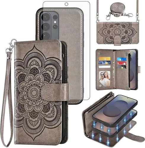 Vista 21 de Asuwish Funda de teléfono para Samsung Galaxy S26 5G con cremallera, magnética, desmontable, con protector de pantalla de vidrio templado, correa