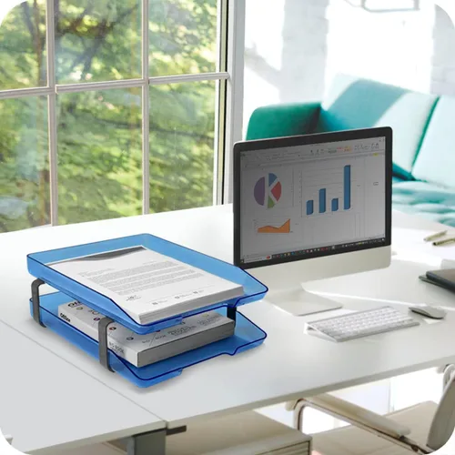 Vista 2 de Acrimet Bandeja de cartas tradicional de 2 niveles con carga frontal de plástico para escritorio (color azul transparente)