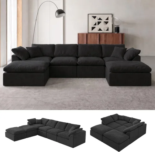Vista 14 de Sofá modular de nube sin hueso de 110 pulgadas para sala de estar, sofá modular en forma de L de gran tamaño con otomana, sofá seccional de felpilla