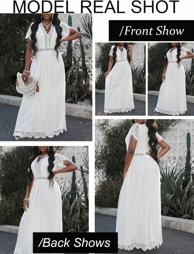 Vista 8 de Blencot - Vestido largo casual bohemio de noche cuello en V de encaje y estampado floral para mujeres vestido largo para bodas cóctel y fiesta
