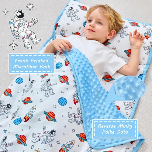 Vista 2 de Lasoftan Tapete para siesta para niños con almohada y manta, tapetes enrollados extra grandes para siestas, bolsas de dormir para niños y niñas