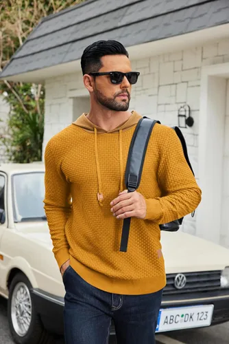 Vista 19 de COOFANDY Sudadera con capucha para hombre, casual, de manga larga, con cordón, de punto gofre, ajustada