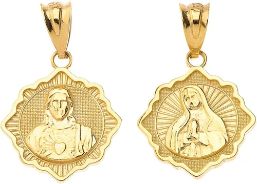 Vista 2 de Collar con colgante de oro de 14 quilates reversible con diseño de corazón de MaríaSagrado Corazón de Jesús