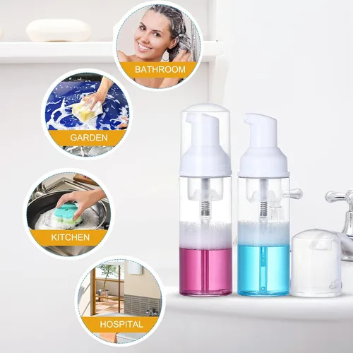 Vista 5 de Paquete de 35 botellas de espuma de 2 onzas, dispensador de jabón recargable, uso diario Clear foam pump bottle for diluted liquid soap, facial