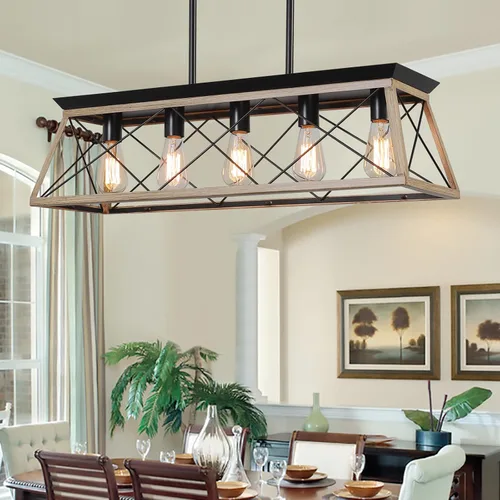 Vista 7 de Candelabros de granja para comedor, lámpara rústica para isla de cocina, lámpara colgante lineal de 5 luces, lámpara rectangular, luces de techo