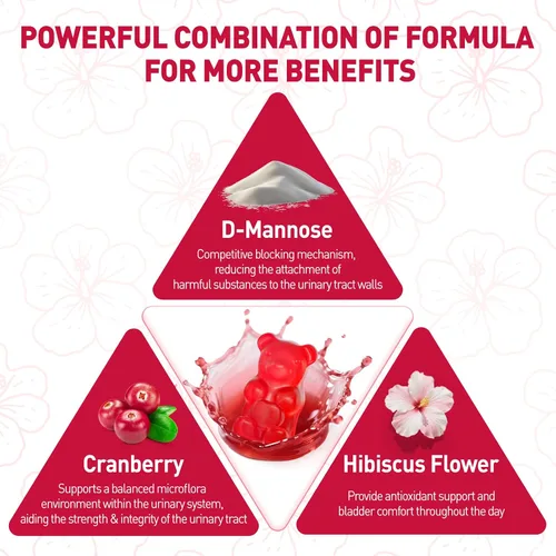 Vista 3 de D Manosa con gomitas de arándano, suplementos de D-manosa de 1500 mg para mujeres, con hibisco para la salud del tracto urinario, vejiga, soporte