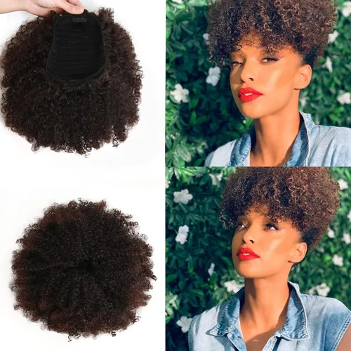 Vista 18 de Extensión de cola de caballo afro rizada encrespada con cordón para mujeres, cola de caballo afro con cordón, rizos encrespados sintéticos, piezas