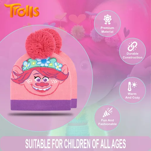 Vista 3 de Trolls - Juego de sombrero y guantes para niñas, 2 piezas, sombrero de invierno con guantes de Trolls Poppy para niñas, juego de sombrero y guantes