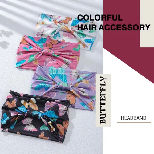 Vista 5 de Diademas para el cabello – Diademas bohemias de mariposa elásticas anudadas con estampado floral para mujeres y niñas, paquete de 4 (mariposa A)