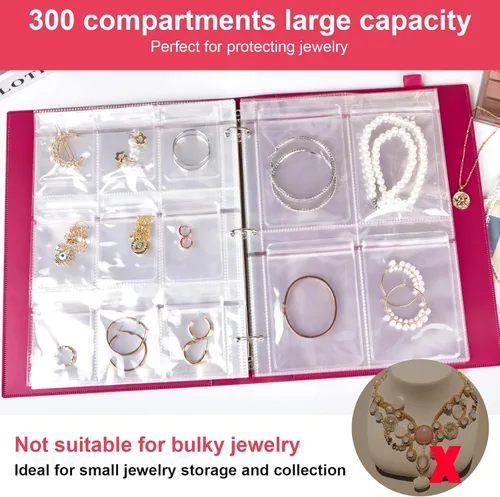 Vista 4 de Libro Grande Transparente de Almacenamiento de Joyería con 300 Bolsillos y 150 Fundas para Joyería, Organizador de Joyería de Viaje