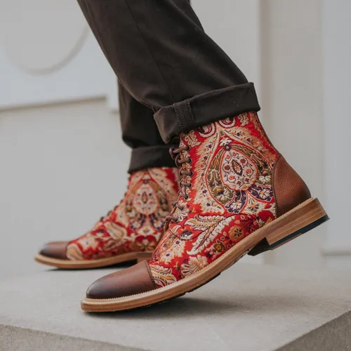 Vista 6 de TAFT Jack Boot - Botas de vestir hechas a mano de cuero y lana para hombre, paisley marrón topo