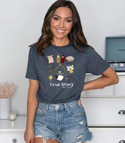 Vista 5 de True Story Nativity - Camiseta de Navidad de Jesús, basada en la fe, sudadera cristiana multicolor