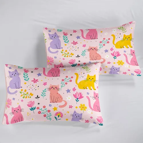 Vista 6 de QOOMO Edredón floral de gato tamaño Twin, juego de ropa de cama de gato rosa para niños, adolescentes y niñas, juego de ropa de cama de 3 piezas