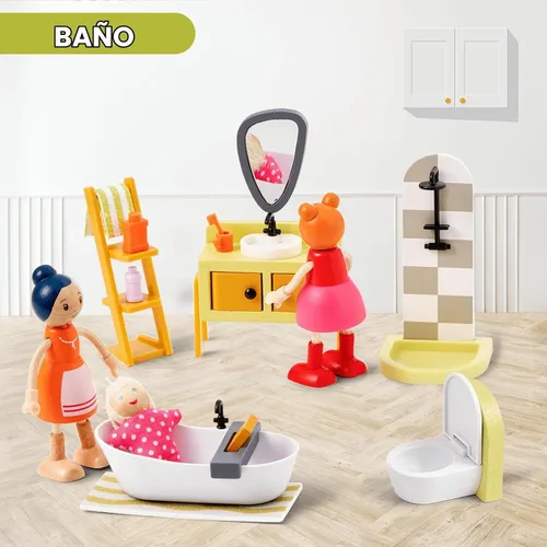 Vista 4 de Giant bean Juego de 37 piezas de muebles de plástico de madera verde para cocina y baño, accesorios modernos de casa de muñecas de madera, muebles
