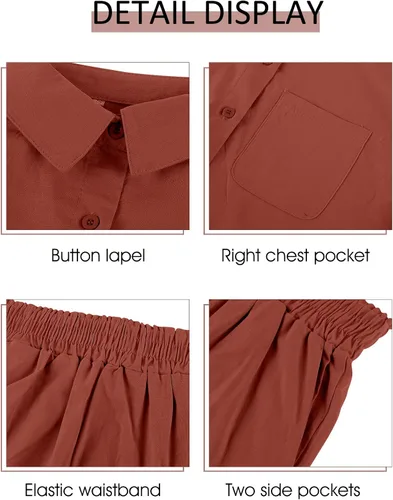 Vista 4 de PEHMEA Conjunto de 2 piezas para mujer, de algodón, lino, con botones, camisa y pantalones cortos de cintura alta