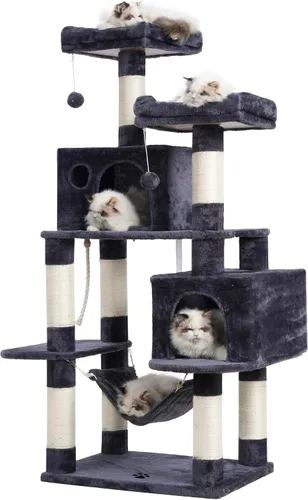 Vista 11 de Hey-brother - Mueble grande de casita de gato multinivel con postes rascadores cubiertos de sisal, 2 condominios de felpa más grandes, hamaca Beige