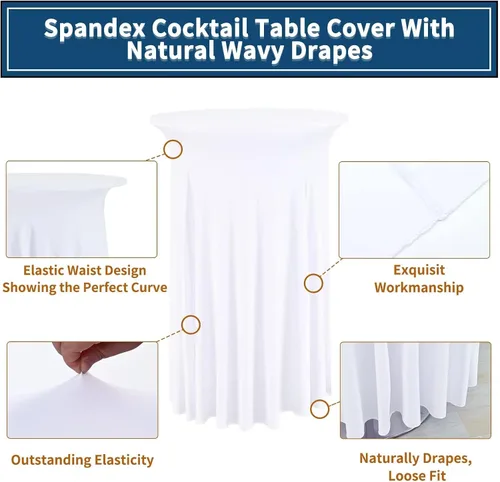 Vista 3 de 6 Paquetes de Faldas Redondas para Mesa de Cóctel de 32" x 43" Elastano Extensible Mantel de Cóctel con Cortinas Onduladas, Fundas de Mesa Alta