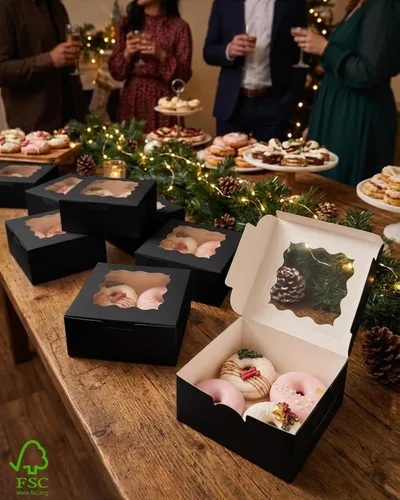 Vista 6 de Bakepacker 60 piezas Cajas para galletas negras de 6 x 6 x 3 pulgadas, fáciles de montar, cajas para macarrones y repostería con ventana para Negro