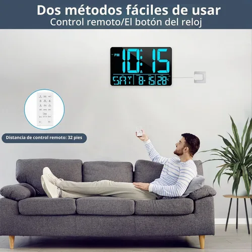 Vista 3 de PERSUPER - Reloj de pared digital de 13 pulgadas con control remoto, temperatura y temporizador