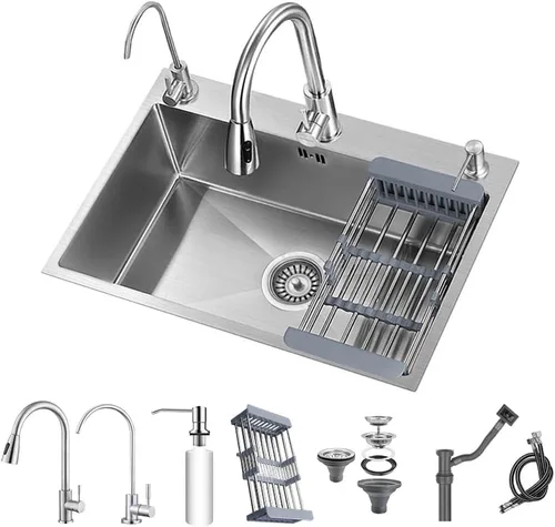 Vista 9 de Fregadero de cocina de montaje superior con caída de 3 agujeros, fregadero de un solo cuenco de acero inoxidable con escurridor y dispensador