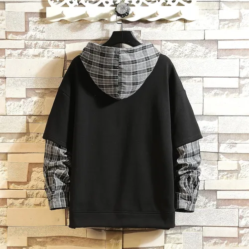 Vista 2 de GURUNVANI Sudaderas con capucha de moda para hombre, con bloques de color, cuello redondo, con capucha, retazos