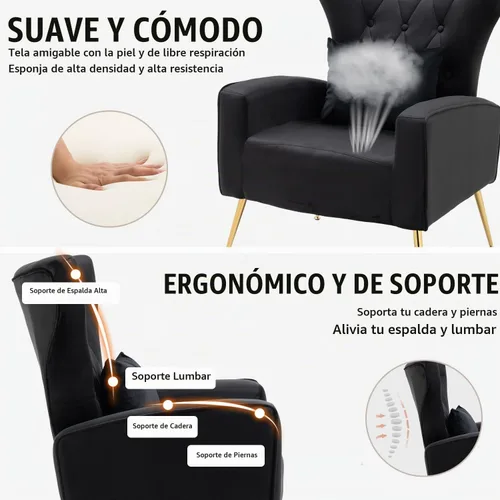 Vista 4 de Silla decorativa de terciopelo para sala de estar, sillón de mediados de siglo con respaldo de ala alta, silla auxiliar dorada para dormitorio