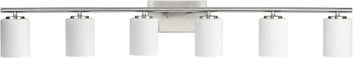 Vista 50 de Progress Lighting Lámpara moderna de tocador de baño de cristal blanco grabado con 4 luces, colección Replay, níquel cepillado (P2160-09)