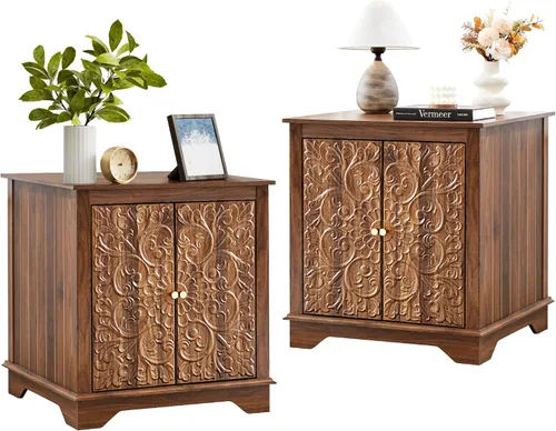 Vista 9 de weselon Mesa auxiliar de estilo granja con puerta floral tallada, mesita de noche de 24 pulgadas de ancho con estante ajustable, mesa auxiliar