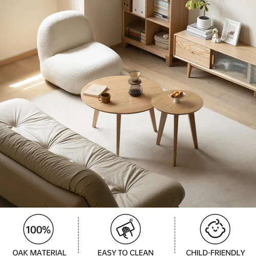 Vista 4 de Juego de mesa de café 100% de madera de roble macizo, mesa de café redonda combinada mesa auxiliar con patas de madera maciza, mesa de mediados