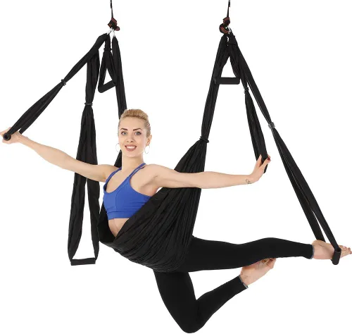 Vista 5 de Juego de hamaca aérea de yoga con 2 correas de extensiones y kit de montaje en techo, equipo para colgar inversión de yoga