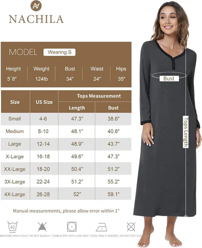 Vista 2 de NACHILA Camisón de bambú para mujer, manga larga, ropa de dormir de longitud completa, vestido de dormir Henley S-4XL