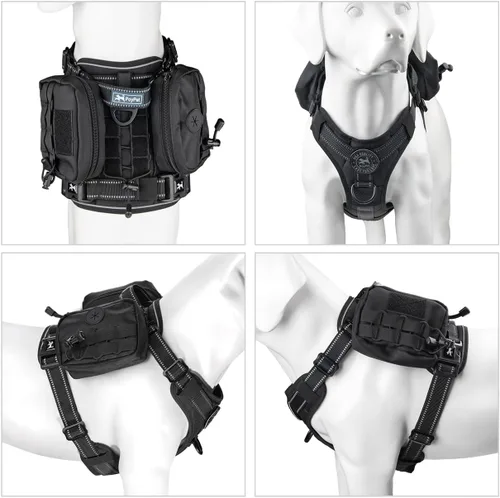 Vista 2 de PoyPet Arnés táctico para perro, chaleco reflectante sin tirones para perro, con 2 bolsas, 4 paneles para parche, arnés ajustable resistente