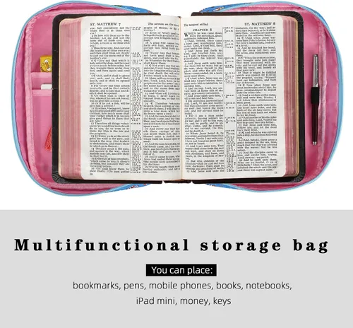 Vista 2 de Funda para la Biblia para mujeres con estampado de flores, funda de transporte para libros de la Biblia con asa duradera, funda acolchada