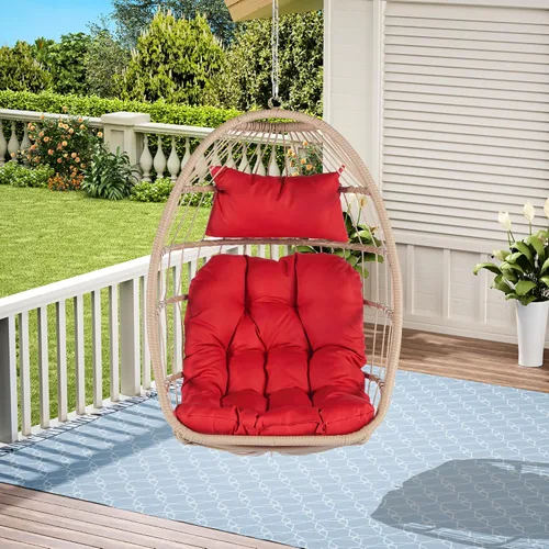 Vista 8 de Jardín al aire libre Rattan Huevo Swing Silla Colgante Silla Madera+Cojín Rojo