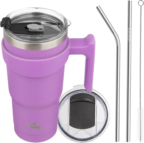 Vista 83 de Konokyo - Vaso de 10 onzas con asa y 2 popotes, 2 tapas, botella de agua aislada de acero inoxidable, taza de viaje reutilizable, color verde militar
