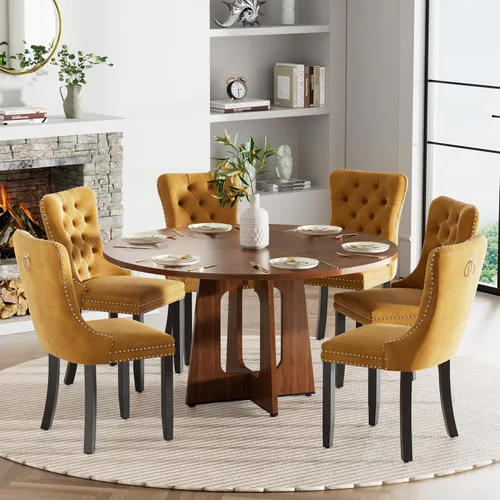 Vista 12 de Mesa de comedor redonda estilo granja para 6, mesa de cocina circular de 47" MDF con acabado de grano de madera, mesa de cocina y comedor de madera