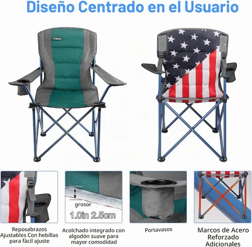 Vista 5 de Paquete de 2 sillas de camping con paraguas ajustable, silla de césped plegable con respaldo de bandera estadounidense, silla de camping acolchada