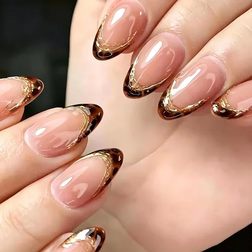 Vista 16 de Uñas postizas medianas a presión de almendra para mujer, uñas postizas Color-2