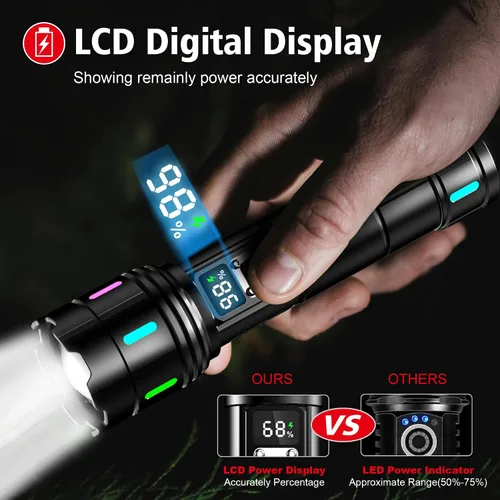 Vista 9 de Linterna 20000 Lúmenes Altos Recargable - Luz LED Flash Súper Brillante de 30W con Pantalla LCD Haz de 3937ft y 12H de Larga Duración USB C