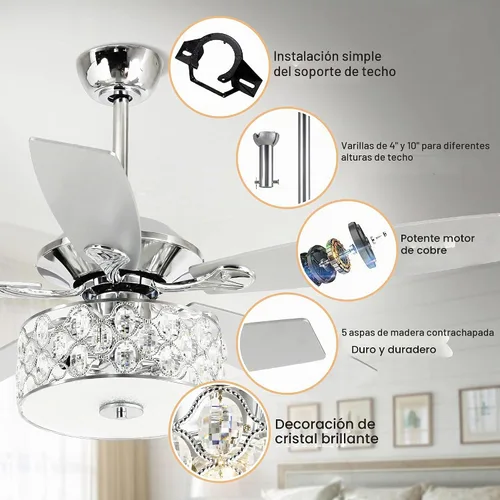 Vista 5 de Ventilador de techo de 52 pulgadas con luz, ventilador de araña de cristal Cromo