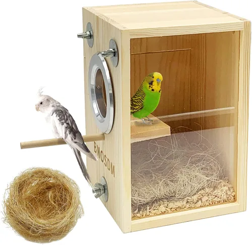 Vista 9 de BNOSDM Caja de nido de periquitos transparente con perca de madera para pájaros con jaula de cacatúas, periquitos, conure, pinzón, loro, pájaros