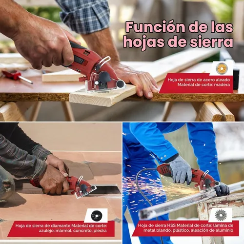 Vista 3 de Sierra circular mini con cable, 400W 110V 3400RPM multifunción manual con 6 hojas, profundidad máxima de corte ½ pulgada, sierra circular compacta