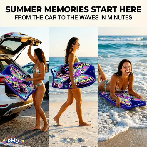 Vista 4 de PMU Bodyboard estampado con gráficos, correa de muñeca ligera, parte inferior lisa para playa, mar y piscina, tabla de surf para niños, adolescentes