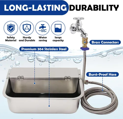 Vista 4 de Dispensador automático de agua para perros de 2.5 galones, acero inoxidable 304 con sistema de drenaje + manguera de 6.56 pies + válvula