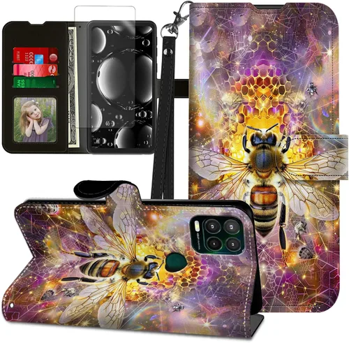 Vista 107 de Funda para Motorola Edge 2022 con protector de pantalla, soporte y tarjetero y correa para la muñeca, funda magnética para Moto Edge 2022 5G UW Lobo