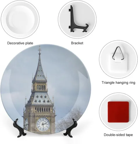 Vista 3 de Plato decorativo para exhibición, plato Big Ben London, plato redondo de cerámica, platos conmemorativos con soporte, adorno de porcelana