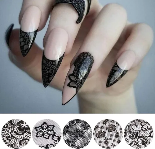 Vista 4 de 10 rollos de calcomanías holográficas retro de transferencia de láminas láser de encaje negro, suministros de arte de uñas, diseños de papel