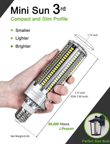 Vista 3 de DragonLight Bombilla LED de maíz de 50 W (equivalente a 350 vatios) E26/E39 Lámpara LED con base de Mogul grande 6000K Luz diurna 6,000 LM